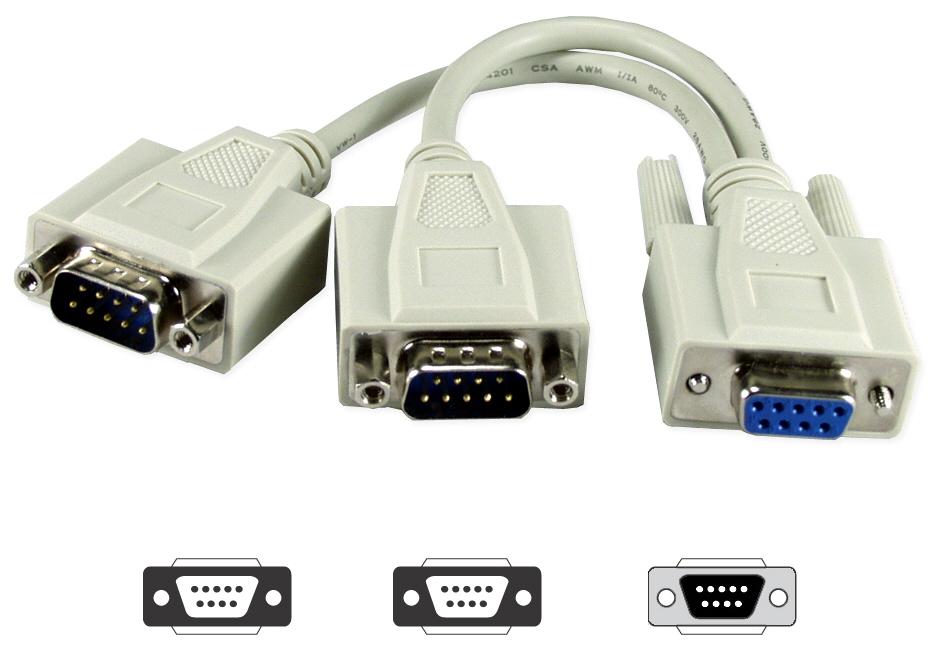 KENTEK 1 Feet FT DB9 Male to 2X DB9 Female Extension Y Splitter Cable Cord 9 Pin Serial RS-232 28 AWG Male to 2X Female M/Fx2 Molded Straight-Through D-Sub Port Beige for PC Mac Linux Data