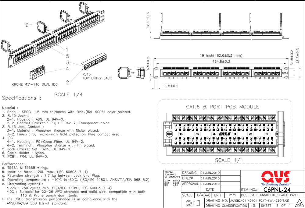 C6PNL-24 - 24Port CAT6 RJ45 110Block Patch Panel