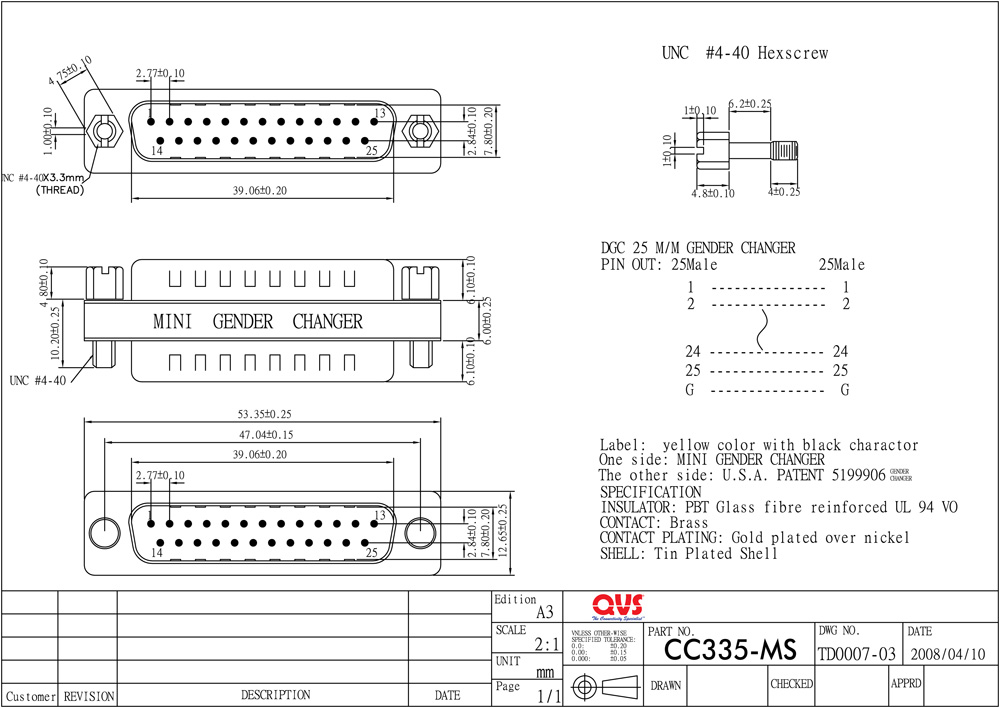 CC335MS DB25 Male to Male Premium Slim Gender Changer