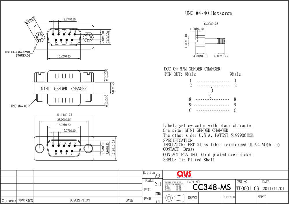 CC348MS DB9 Male to Male Premium Slim Gender Changer